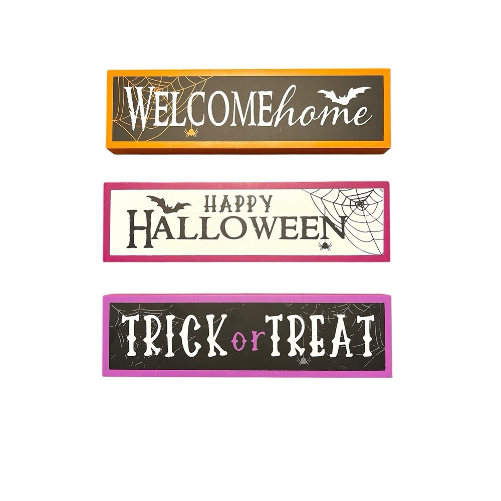 Lot Of 3 Wooden Halloween Signs Halloween Home Decor 8.5"x2.5" Self Standing